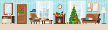 Cozy New Year Decorated Corridor Living Room Interior With Christmas Tree, Fireplace, Armchair, Couch, Cup, Rack, Coffe Table, Window
