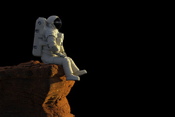 Wall Mural - astronaut on planet mars sitting on a cliff, isolated on black background