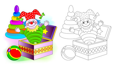Wall Mural - colorful and black and white pattern for coloring. set of cute baby toys with clown, ball and pyrami