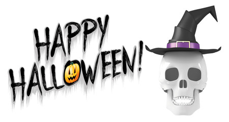 Poster - Happy Halloween - banner with a skull wearing witch hat