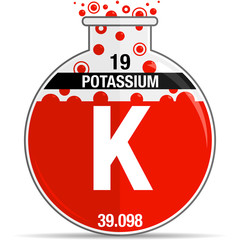 Canvas Print - Potassium symbol on chemical round flask. Element number 19 of the Periodic Table of the Elements - Chemistry. Vector image