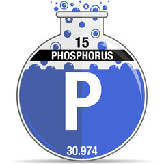 Wall Mural - Phosphorus symbol on chemical round flask. Element number 15 of the Periodic Table of the Elements - Chemistry. Vector image