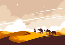 Vector Illustration Of A Desert In Africa, A Caravan Of Camels And A Man Walking Through The Desert