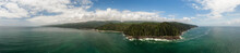 Beautiful Aerial Panoramic Landscape View Of The Rocky Pacific Ocean Coast In The Southern Vancouver Island During A Sunny Summer Day. Taken Between Victorial And Port Renfrew, BC, Canada.