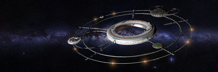 Wall Mural - space station, futuristic habitat in fron tof the milky way galaxy (3d science fiction illustration 