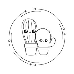 Sticker - set of cactus tropicals in frame circular kawaii style