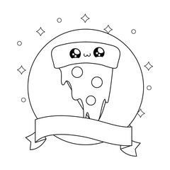 Sticker - slice of pizza in frame circular with ribbon kawaii style