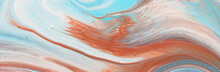 Photography Of Abstract Marbleized Effect Background. Blue, Mint, Cooper And White Creative Colors. Beautiful Paint. Banner