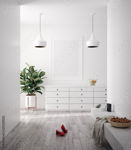 Cuadros en Lienzo Mock up poster in modern hallway, Scandinavian style, 3d render