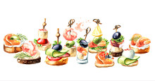 Appetizer For A Festive Table. Mini Canape. Watercolor Hand Drawn Illustration Isolated On White Background