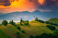 Alpine Sunset Landscape With Saint Primoz Church, Near Jamnik, Slovenia