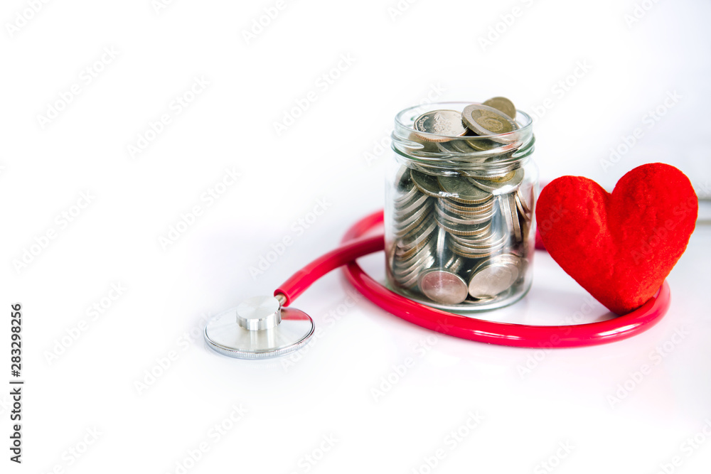 Health  insurance and Medical Healthcare heart disease concept , red heart shape with stethoscope , financail healthcare - obrazy, fototapety, plakaty 