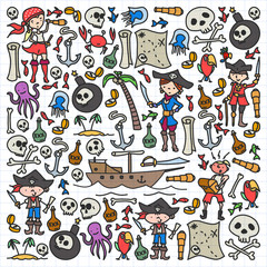 Vector set of pirates children's drawings icons in doodle style. Painted, colorful, pictures on a piece of paper on white background.