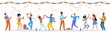 Cartoon party people. Trendy happy dancing group of men and women with party hats, confetti and drinks. Vector illustration birthday young fun man and his friends