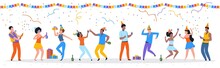 Cartoon Party People. Trendy Happy Dancing Group Of Men And Women With Party Hats, Confetti And Drinks. Vector Illustration Birthday Young Fun Man And His Friends