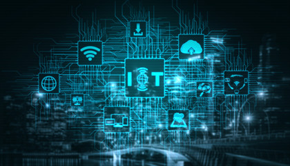 Internet of Things and Communication Technology Concept - Modern graphic interface showing smart information and digital lifestyle in application software for home and business use.