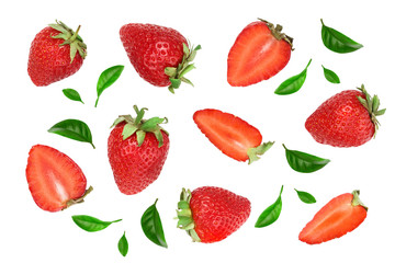 Strawberries decorated with green leaves isolated on white background. Top view. Flat lay pattern