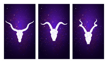 Vector set of three illustrations with silhouettes skulls antelopes and goat on purple starry sky background.