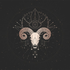 Vector illustration with hand drawn Ram skull and Sacred geometric symbol on black vintage background. Abstract mystic sign.