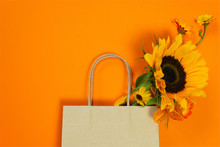 Craft Paper Bag With Autumn Bouquet With Sunflower