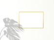 © photolas - 2x3 horizontal Gold frame for photo or picture mockup on white background with shadow of monstera leaves. 3D rendering.