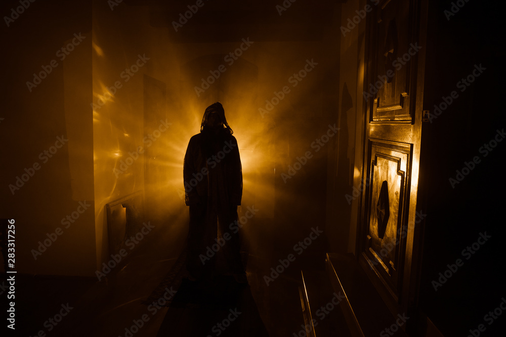 Horror silhouette of ghost inside dark room with mirror Scary halloween concept Silhouette of witch inside haunted house with fog and light on background. - obrazy, fototapety, plakaty 