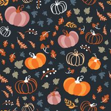 Seamless Pattern For Thanksgiving Celebration. Vector Of Hand Drawn Illustration With Ripe Pumpkin With Falling Leaves.