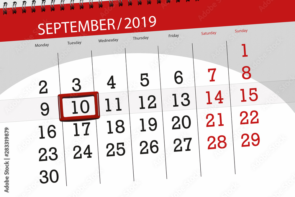 Calendar planner for the month september 2019, deadline day, 10, tuesday - obrazy, fototapety, plakaty 