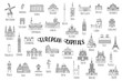 Set of 37 hand drawn landmarks from various European capitals, black ink illustrations
