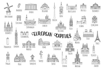 set of 37 hand drawn landmarks from various european capitals, black ink illustrations