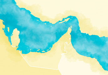 Strait of Hormuz. Map of the Middle East, Persian Gulf and Indian Ocean connecting across the Strait of Hormuz. Satellite view of Iran, United Arab Emirates, Qatar, Bahrain and Oman