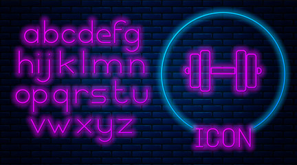 Glowing neon Dumbbell icon isolated on brick wall background. Muscle lifting icon, fitness barbell, gym icon, sports equipment symbol, exercise bumbbell. Neon light alphabet. Vector Illustration