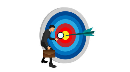 the right hand of a man holding a bag, the left hand holding the lens loop is looking at the desired target point. The character stands next to the target bow with an empty background.