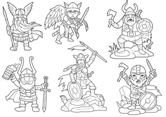 Sticker - cartoon funny vikings, set of images, coloring book