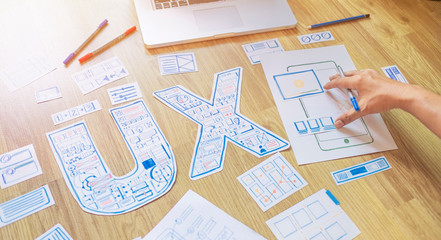 ux designer creative prototype Graphic planning application development for web mobile phone . User experience concept.