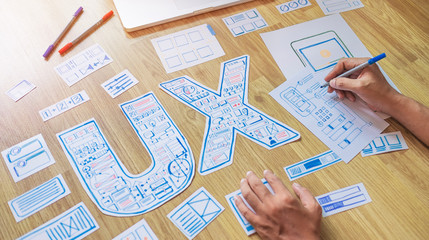ux designer creative prototype Graphic planning application development for web mobile phone . User experience concept.