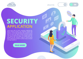 isometric vector image on a white background, a landing design  of security application, a man and a woman are standing near a smartphone on the screen of which there is a lock, data protection