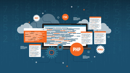 Programming and software, website and application development. Flat vector illustration