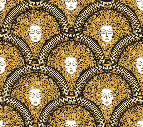 Vector Seamless Pattern With Greek Meander Borders In Fish Scale Order Medusa Gorgon Fan Shaped Serpent Golden Hair Gold Black And Beige Art Deco Wallpaper Wrapping Paper Silk Textile Print Stock Vector