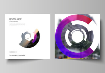 The minimal vector layout of two square format covers design templates for brochure, flyer, magazine. Futuristic design circular pattern, circle elements forming geometric frame for photo.