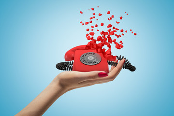 Wall Mural - side closeup of woman's hand facing up and holding red rotary phone that has started to break into s