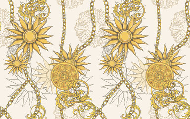 Wall Mural - Gold chains, jewelry and baroque leaves. Vector seamless pattern. Vintage print.