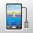 Smartfon, tablet z podłączonym kablem usb mający na ekranie zdjęcie   przedstawiające łódkę na jeziorze.