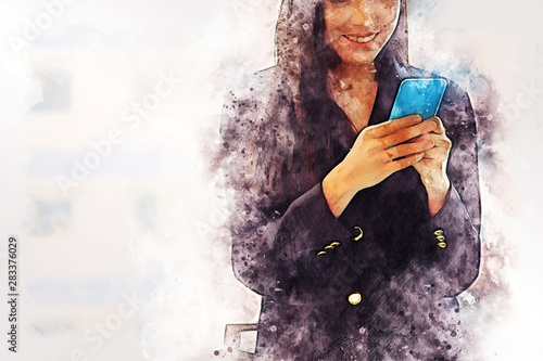 Abstract Colorful Shape Beautiful Business Woman Smile Portrait And Working Mobile Phone On Watercolor Illustration Painting Background Stock Illustration Adobe Stock Abstract Colorful Shape Beautiful Business Woman Smile Portrait And Working Mobile Phone On Watercolor Illustration Painting Background Stock Illustration Adobe Stock