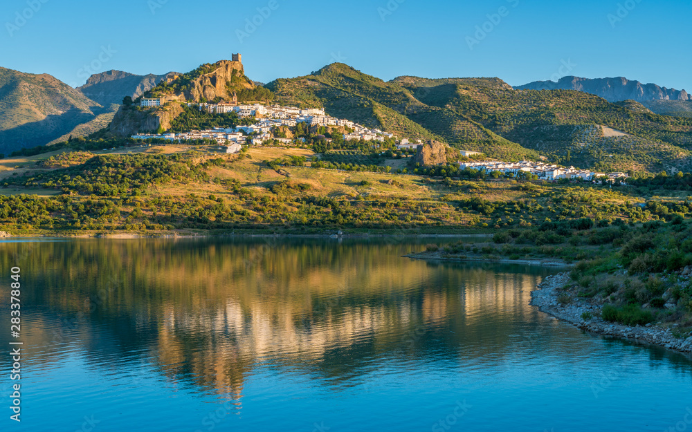 Panoramic sight of the beautiful Zahara de la Sierra, province of Cadiz, Andalusia, Spain. - obrazy, fototapety, plakaty 