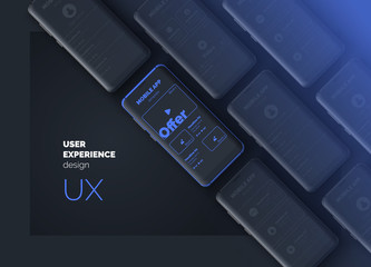 Wall Mural - user experience. user interface. mobile phone on a black background with interface pages. ui ux temp