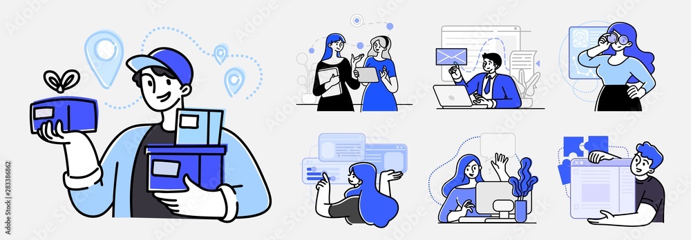 Collection of scenes at office. Bundle of men and women taking part in business meeting, negotiation, brainstorming, talking to each other. Outline vector illustration in cartoon style. - obrazy, fototapety, plakaty 
