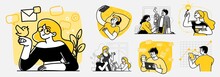 Collection Of Scenes At Office. Bundle Of Men And Women Taking Part In Business Meeting, Negotiation, Brainstorming, Talking To Each Other. Outline Vector Illustration In Cartoon Style.