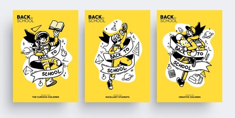 Set of Back to School greeting cards, posters or flyers. Cute happy children ready go back to school. Vector illustration
