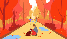 Family In Autumn, Vector Illustration Of A Happy Family In The Autumn On A Walk Around The Park. Child And Dog Stroll Through The Park